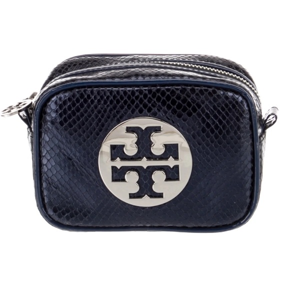 Tory Burch navy snakeskin large logo cosmetic purse travel bag